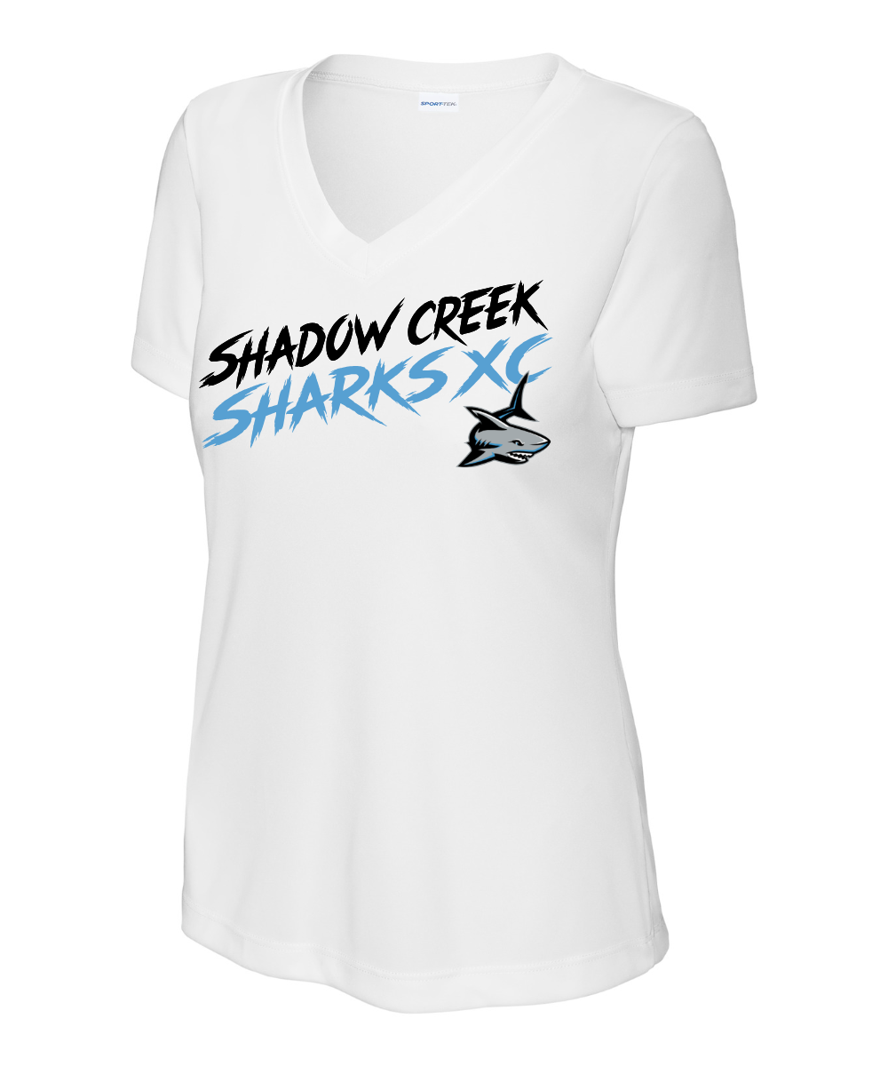 Shadow Creek Cross Country Track & Field - Shadow Creek Sharks XC Ladies Vneck Performance Tee - White