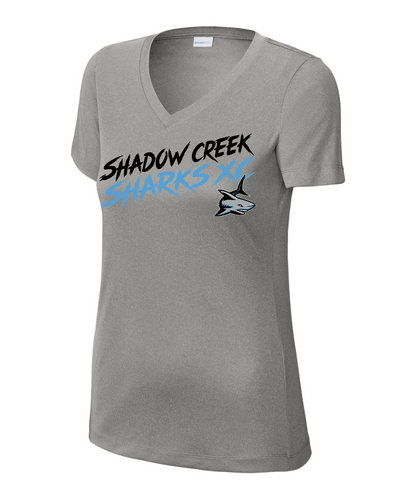 Shadow Creek Cross Country Track & Field - Shadow Creek Sharks XC Ladies Vneck Performance Tee - Grey Concrete Heather