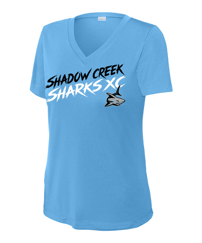 Shadow Creek Cross Country Track & Field - Shadow Creek Sharks XC Ladies Vneck Performance Tee - Carolina Blue