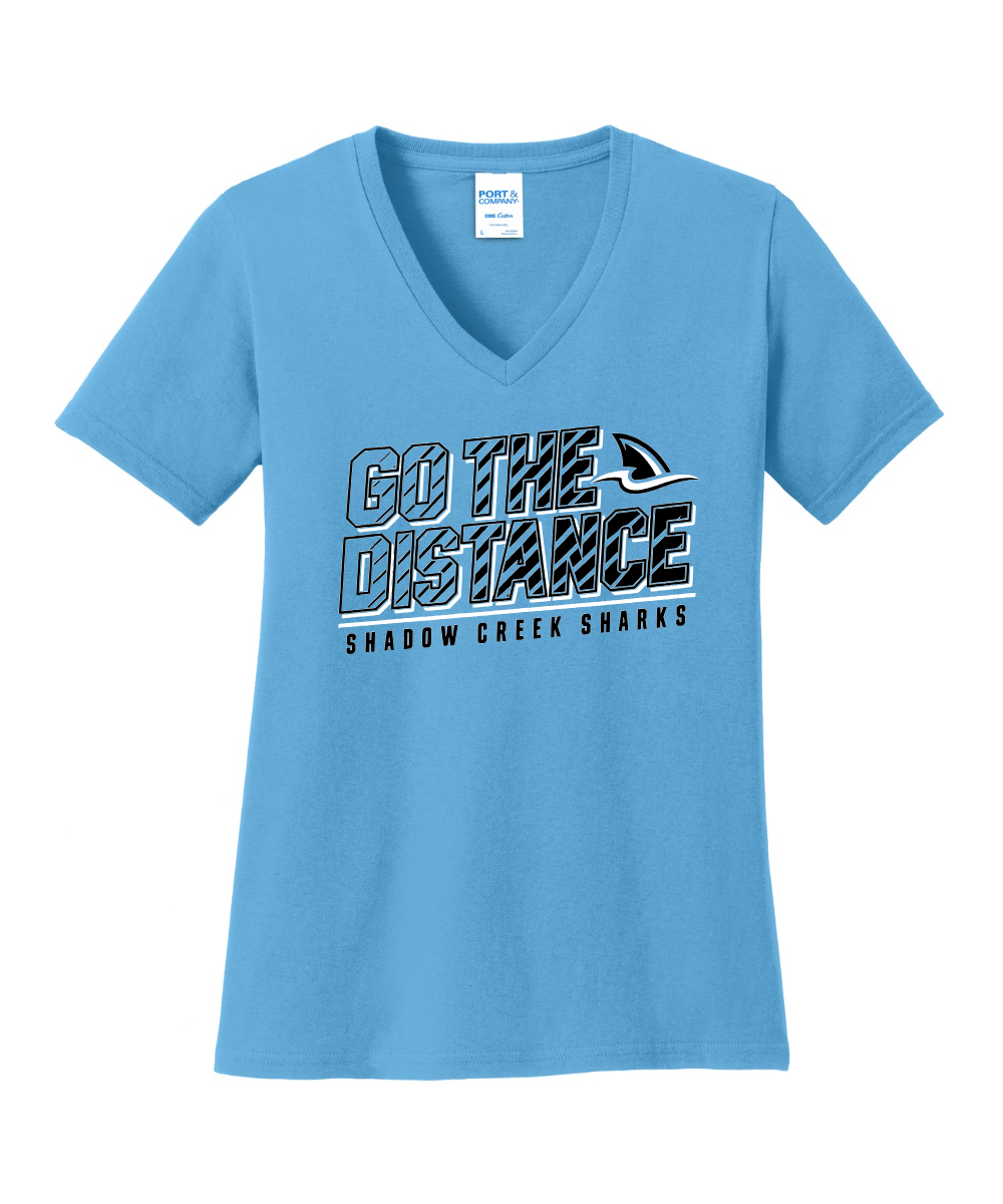 Shadow Creek Cross Country Track & Field - Go The Distance Ladies Vneck Cotton Tee - Aquatic Blue