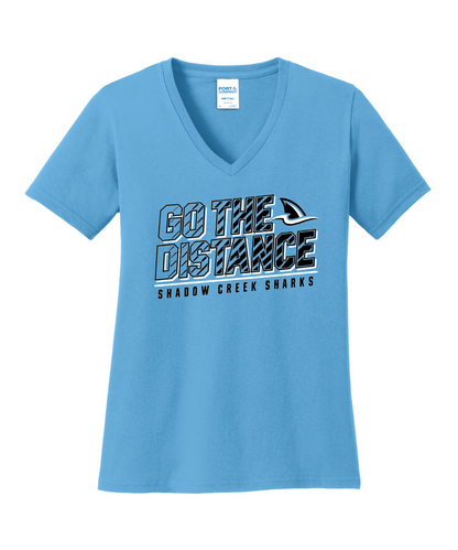 Shadow Creek Cross Country Track & Field - Go The Distance Ladies Vneck Cotton Tee - Aquatic Blue