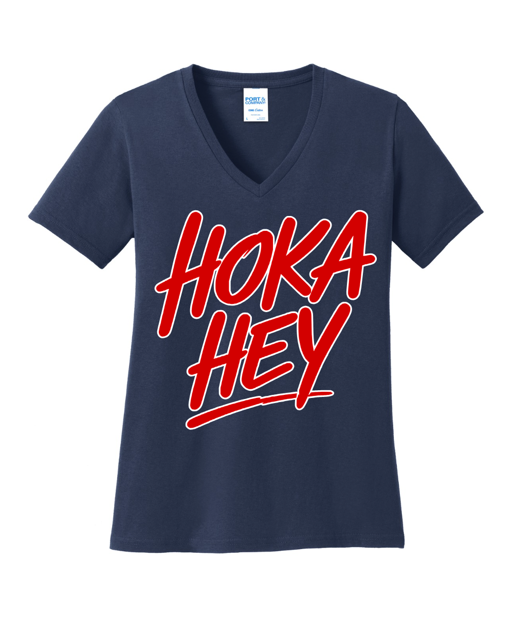 Manvel Football - Hoka Hey Script Ladies Vneck Cotton Tee - Navy