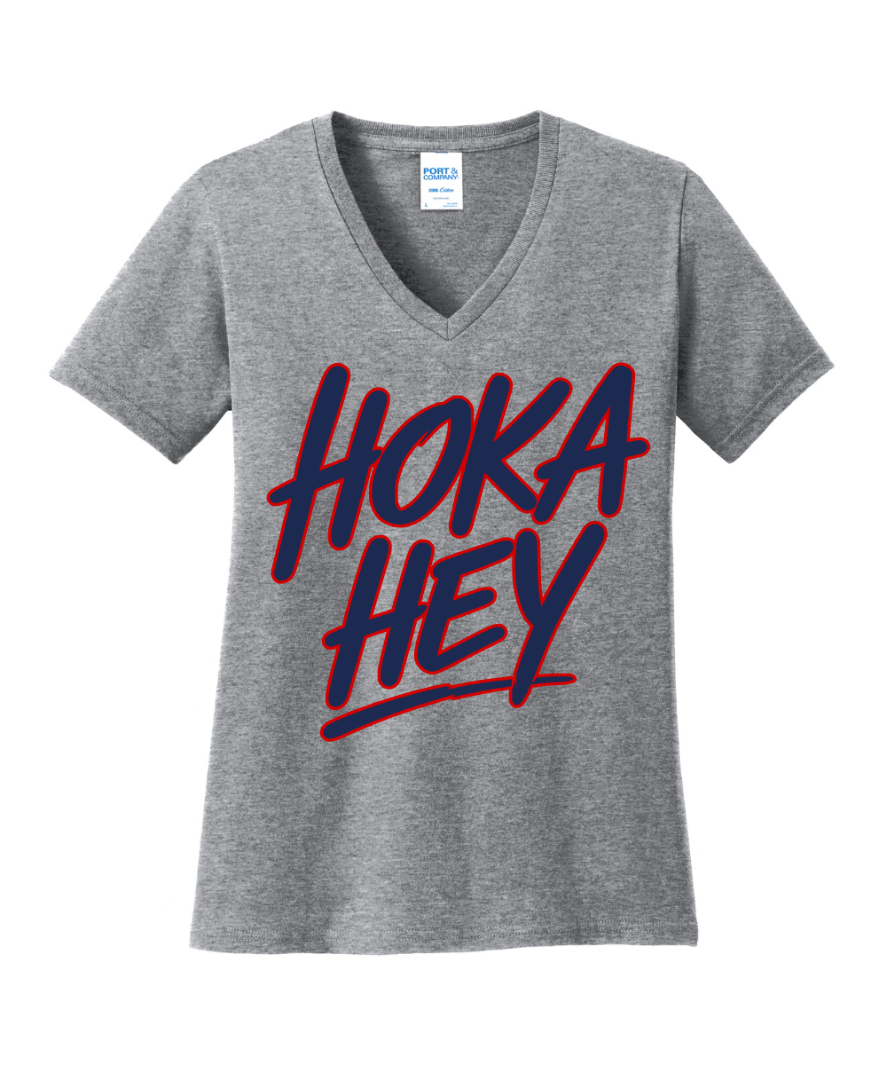 Manvel Volleyball - Hoka Hey Script Ladies Vneck Cotton Tee