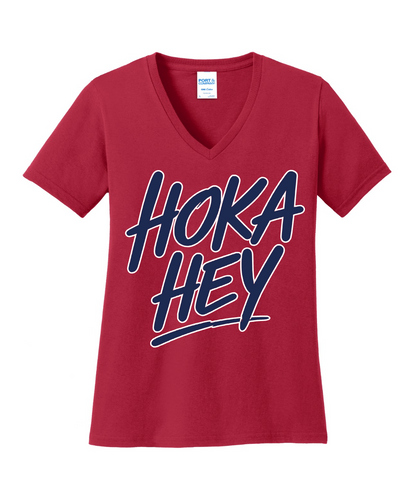 Manvel Football - Hoka Hey Script Ladies Vneck Cotton Tee