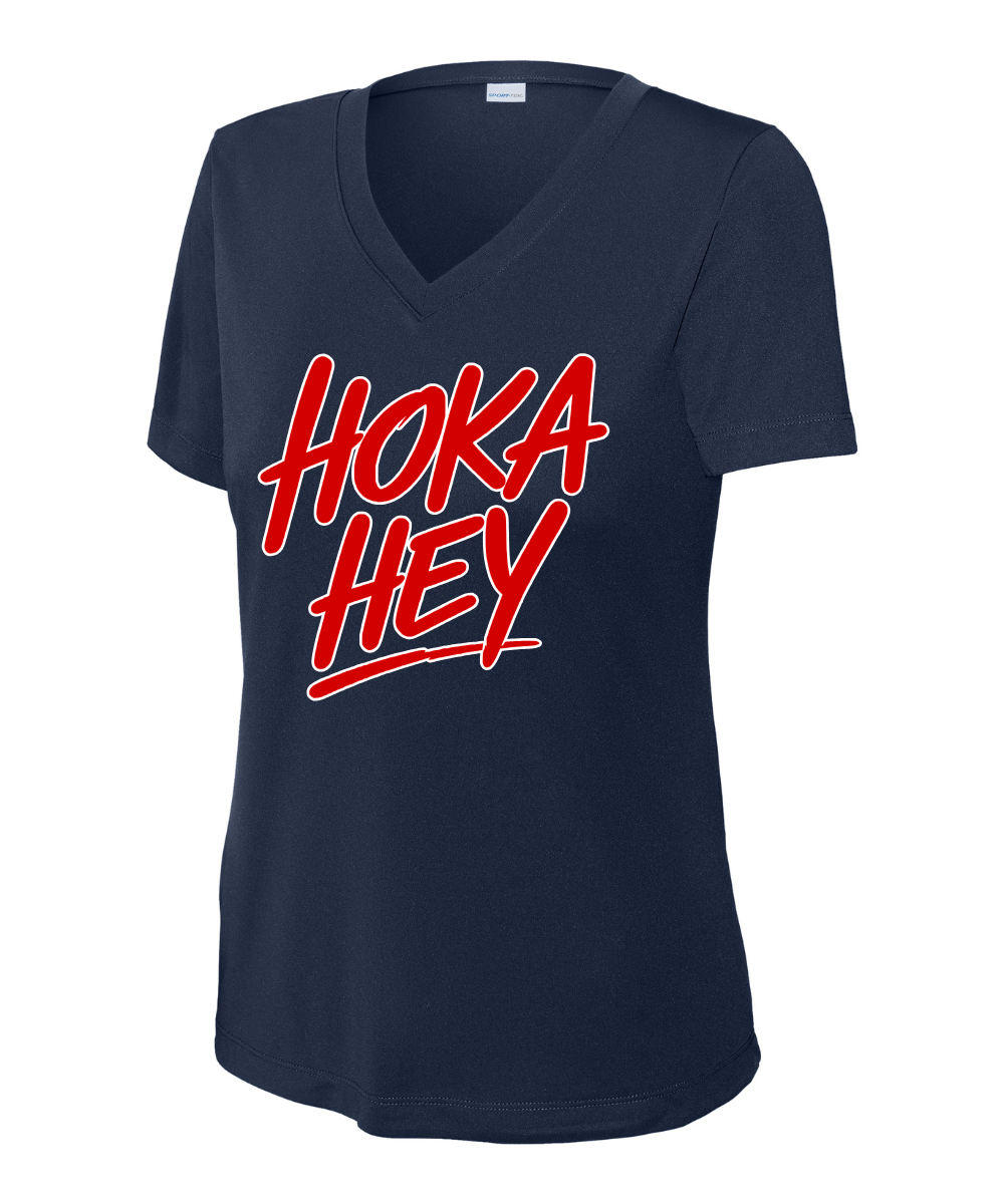 Manvel Football - Hoka Hey Script Ladies Vneck Performance Tee - True Navy