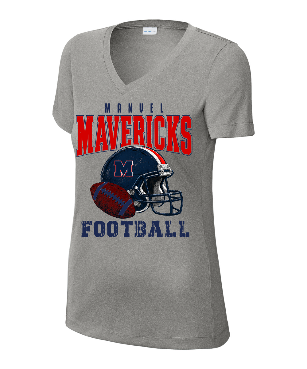 Manvel Football - Mavericks Distressed Football Ladies Vneck Performance Tee