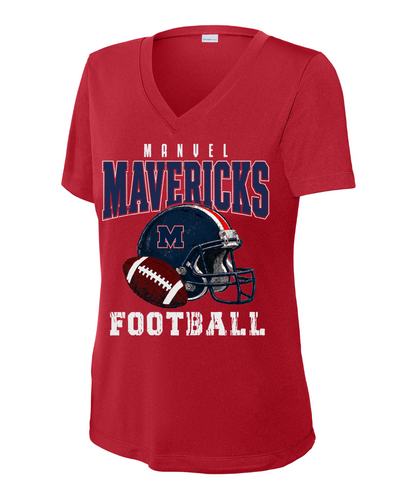 Manvel Football - Mavericks Distressed Football Ladies Vneck Performance Tee