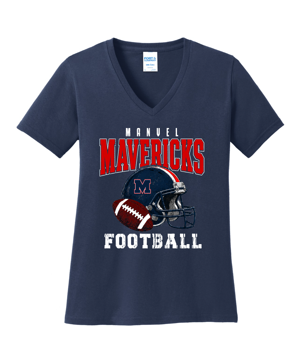 Manvel Football - Mavericks Mesh Ladies Vneck Cotton Tee - Navy