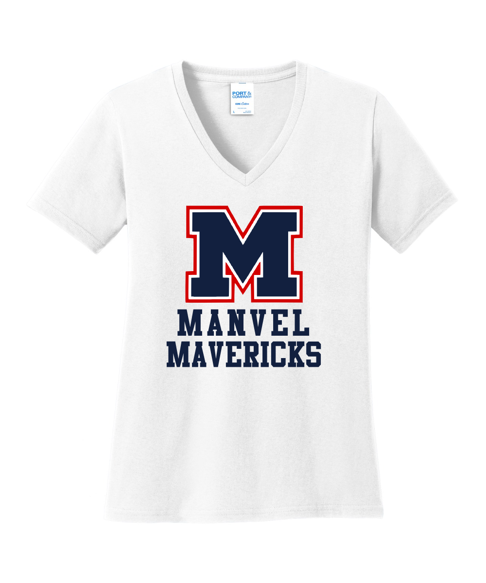 Manvel Football - Big M Manvel Mavericks Ladies Vneck Cotton Tee - White