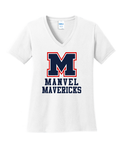 Manvel Football - Big M Manvel Mavericks Ladies Vneck Cotton Tee - White
