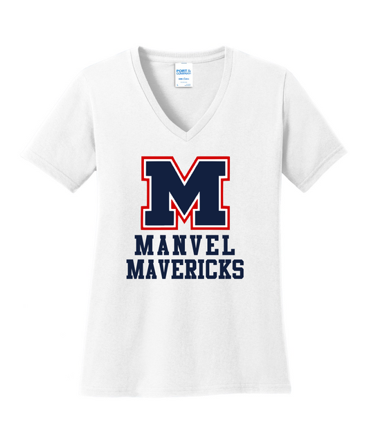 Manvel Volleyball - Big M Manvel Mavericks Ladies Vneck Cotton Tee - White