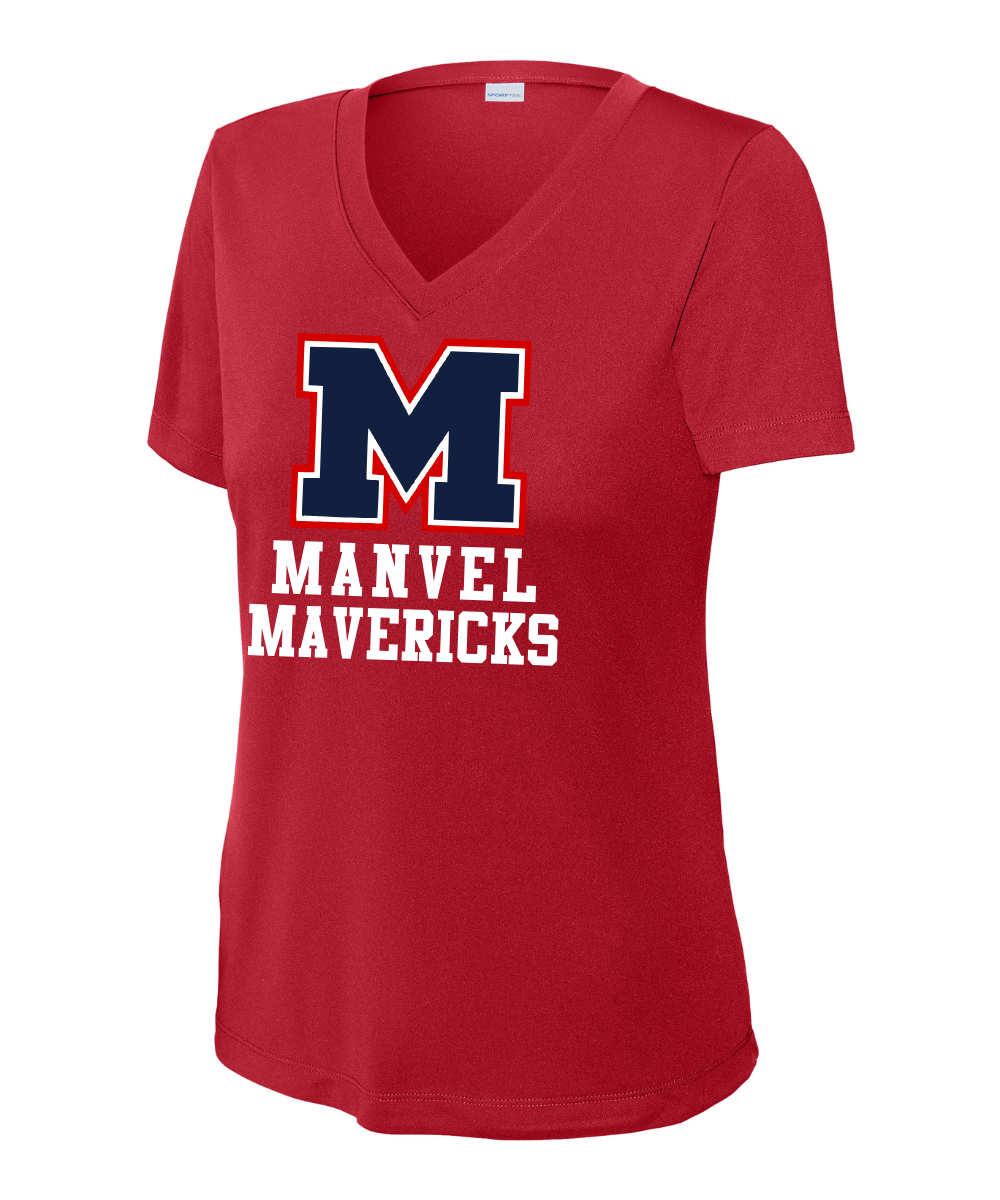 Manvel Football - Big M Manvel Mavericks Ladies Vneck Performance Tee - True Red