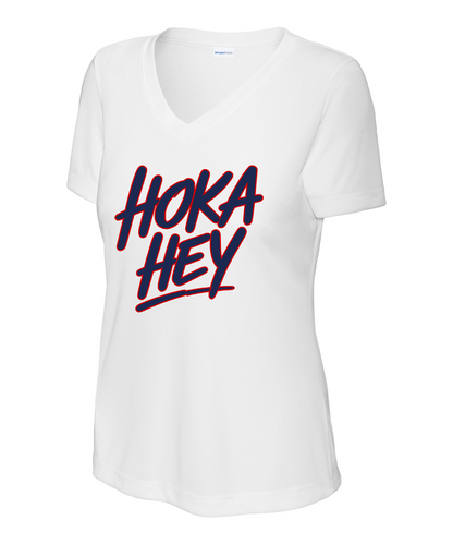 Manvel Volleyball - Hoka Hey Script Ladies Vneck Performance Tee
