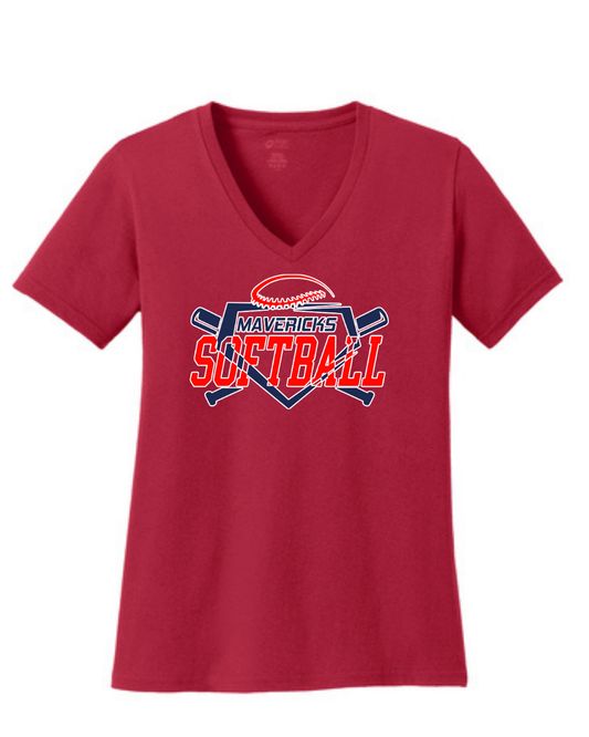 Manvel Softball- Mavericks Softball Ladies Vneck Cotton Tee