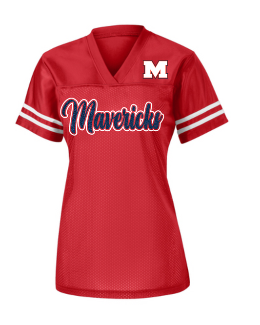 Manvel Football- Glitter  Mavericks Football- Ladies fan Jersey- Red