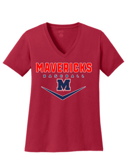 Manvel Baseball- Mavericks  Baseball Ladies Vneck Cotton Tee