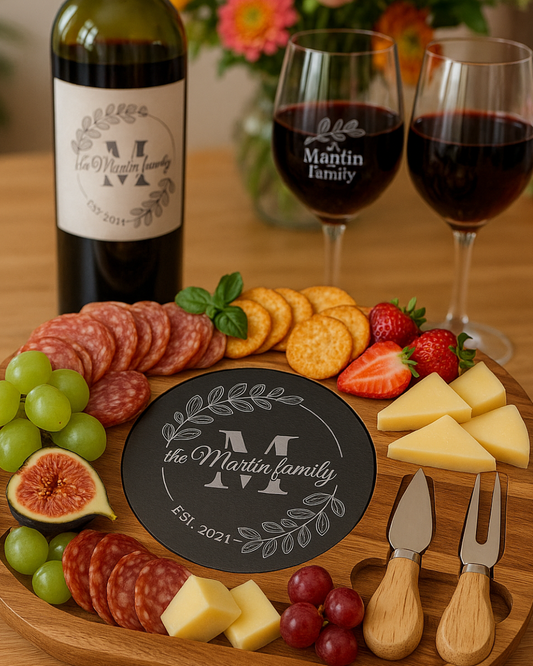 Charcuterie board with wine, cheese, and fruits on a wooden table.