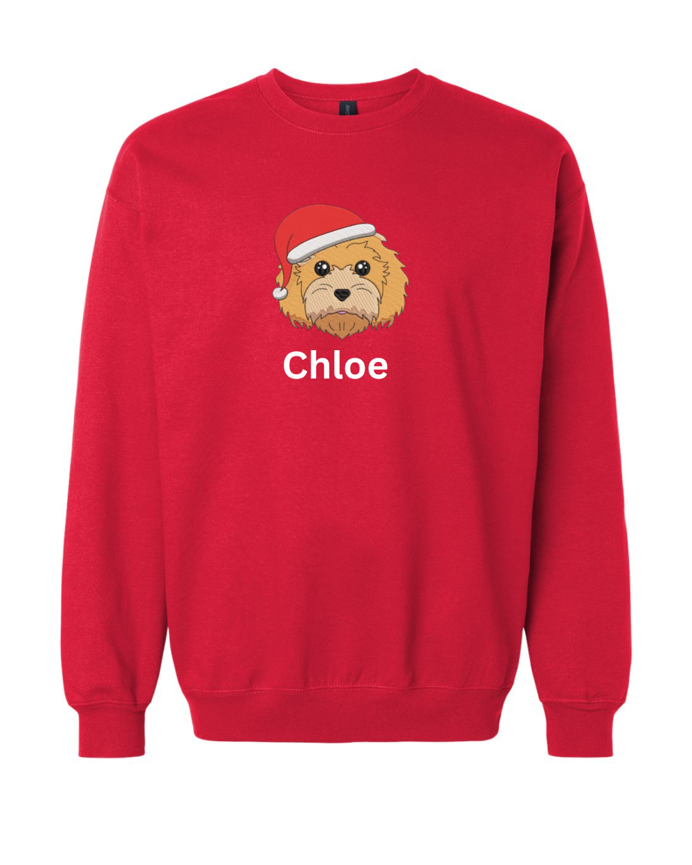 Red embroidered sweatshirt with a dog wearing a Santa hat and the name 'Chloe' on a white background Dog lover shirt or gift
