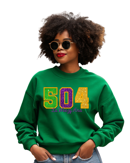 Sweatshirt-Mardi Gras Area Code Glitter Applique  Sweatshirt