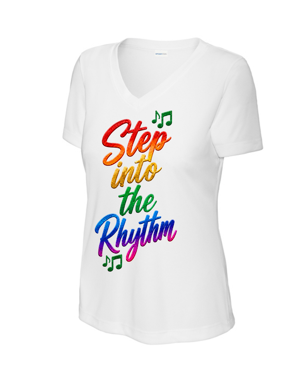 Step into the Rhythm-  Rainbow Step- Ladies Vneck Performance Tee