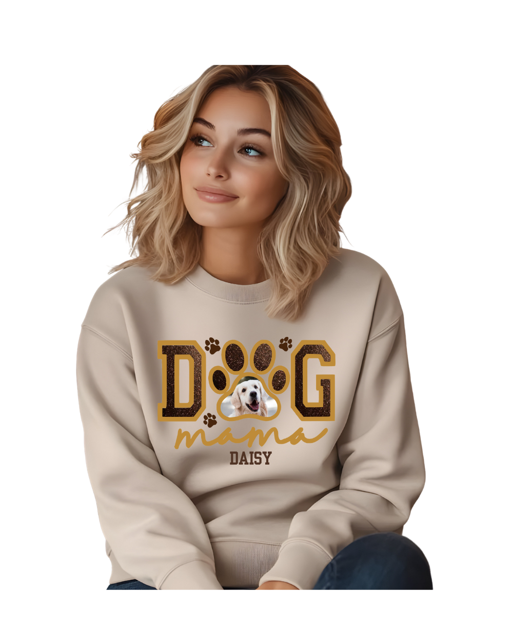Woman wearing a beige sweatshirt with 'DOG moma'  embroidered and a dog photo on a white background