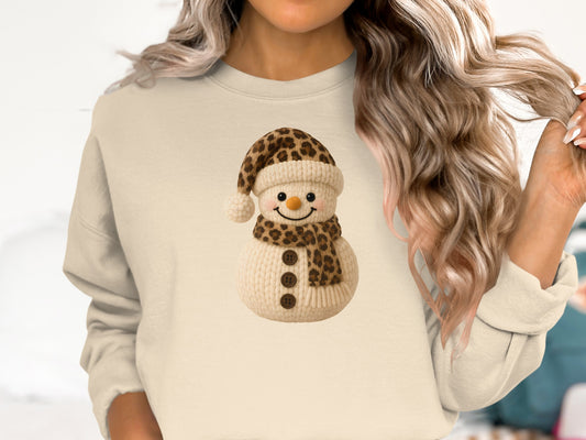 Cozy Snowman Sweatshirt with Leopard Print Accessories