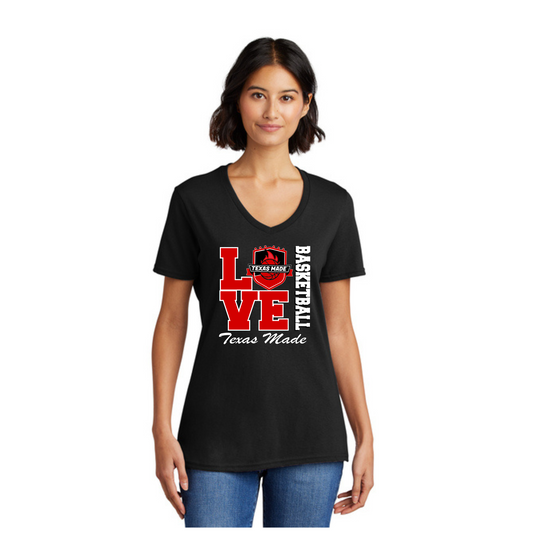 Texas Made - Love Basketball-Ladies Vneck -Black Cotton Tee
