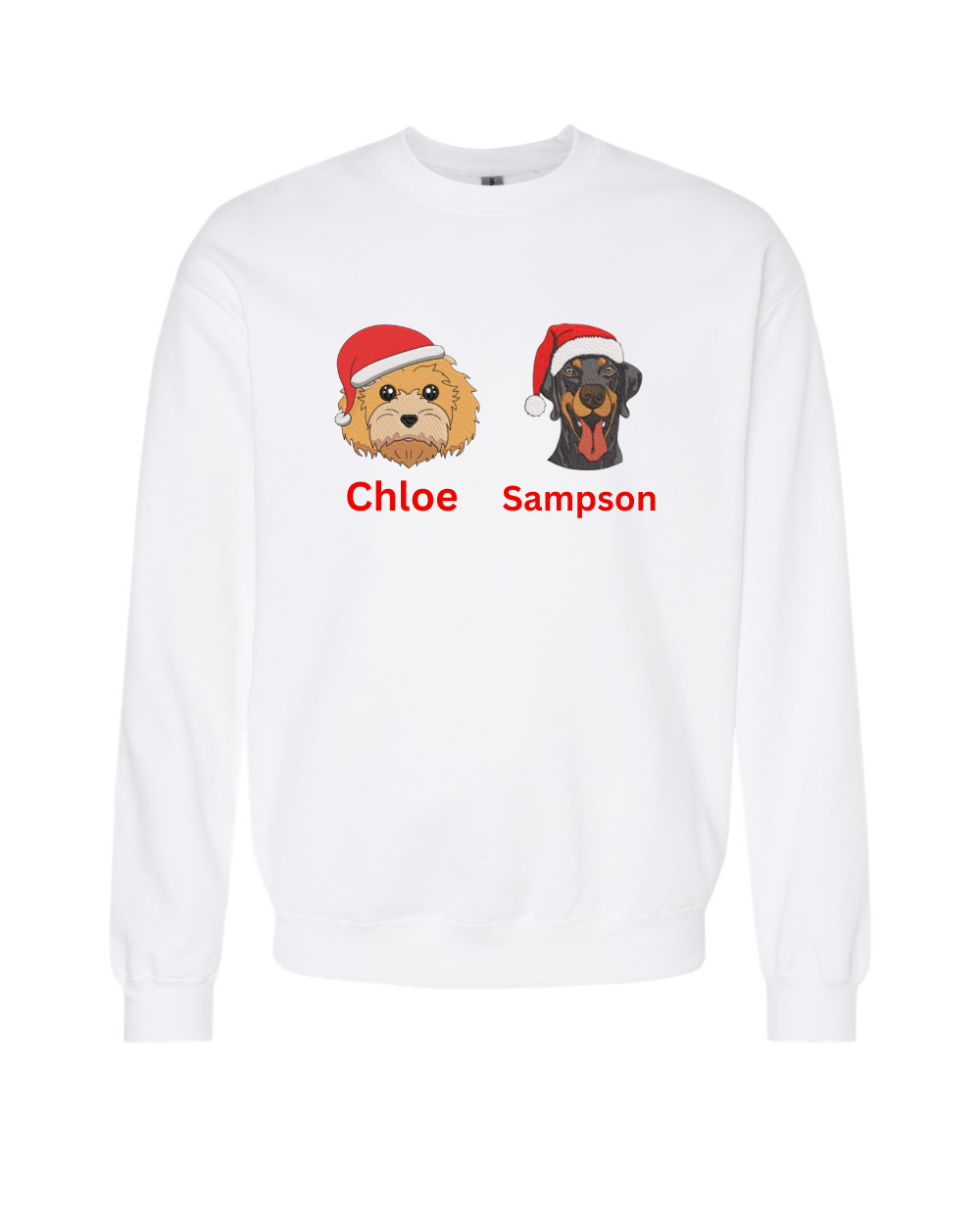 White sweatshirt with two dogs wearing Santa hats and names 'Chloe' and 'Sampson' on a white background dog lover gift 