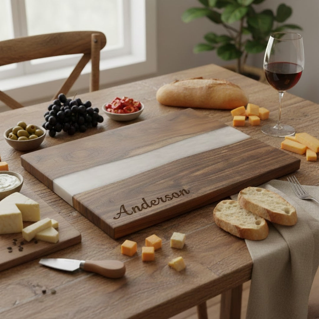 ACACIA SERVING BOARD WITH WHITE PEARL RESIN
