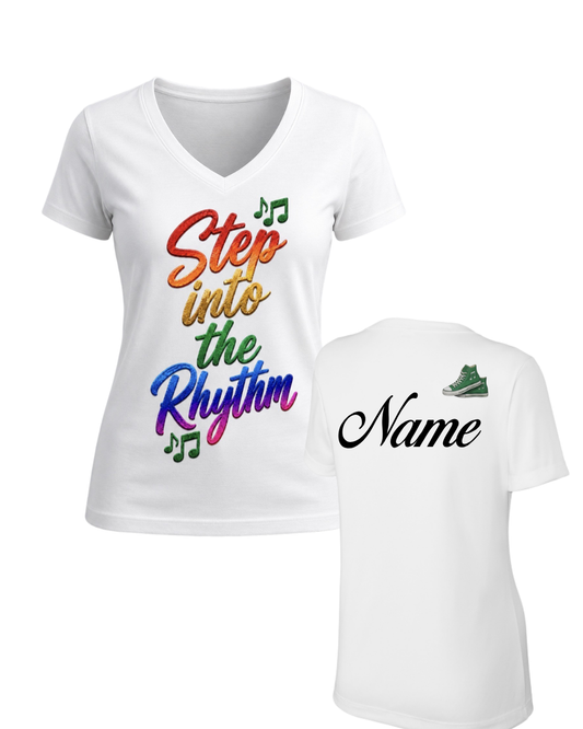Step into the Rhythm-  Rainbow Step- Ladies Vneck Performance Tee