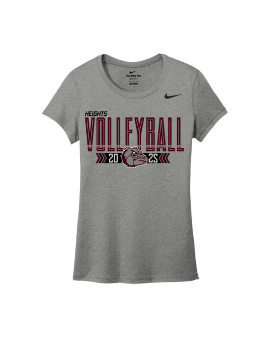 Gray Nike Legend t-shirt with 'Heights Volleyball' text and Nike logo on a white background
