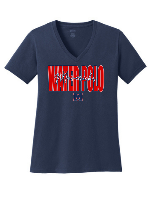 Manvel Water Polo- Water Polo Cursive Mavericks - Ladies Vneck Cotton Tee