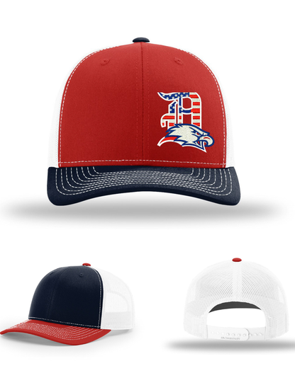 Dawson Baseball- D Eagles Flag Logo- Richardson 112 Trucker Hat