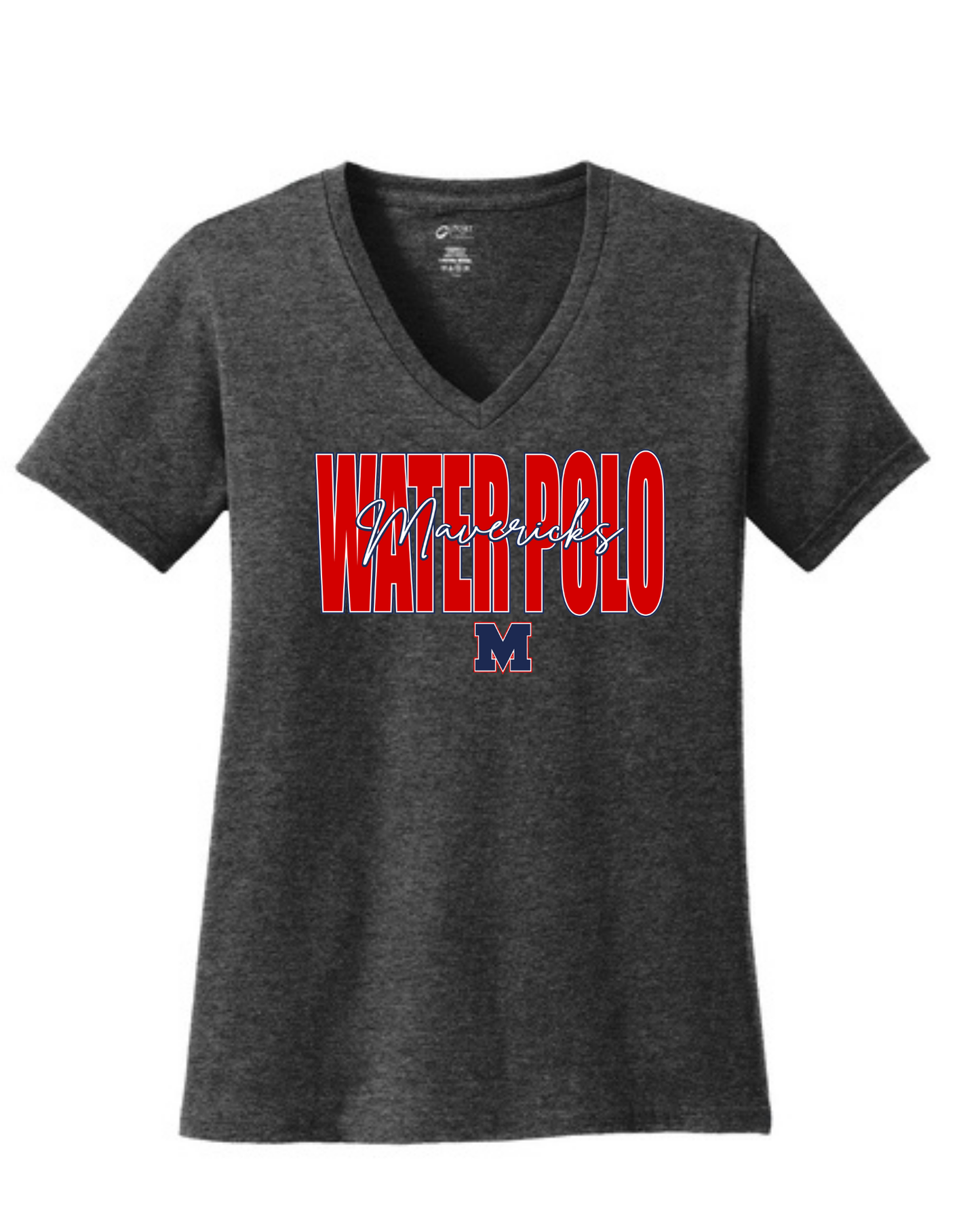 Manvel Water Polo- Water Polo Cursive Mavericks - Ladies Vneck Cotton Tee