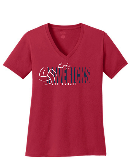 Manvel Volleyball- Lady Mavericks Ladies Vneck Cotton Tee