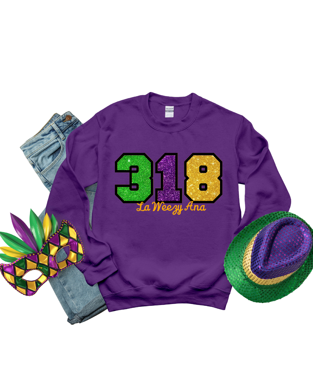 Sweatshirt-Mardi Gras Area Code Glitter Applique  Sweatshirt