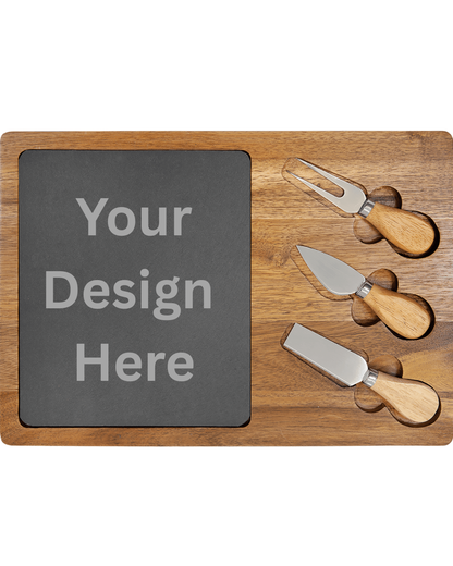 Gifts- Acacia Wood/Slate Rectangle Cheese Set with Three Tools
