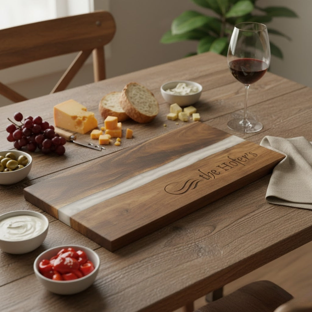 Gift - Engraved Acacia Serving Board with White Pearl Resin