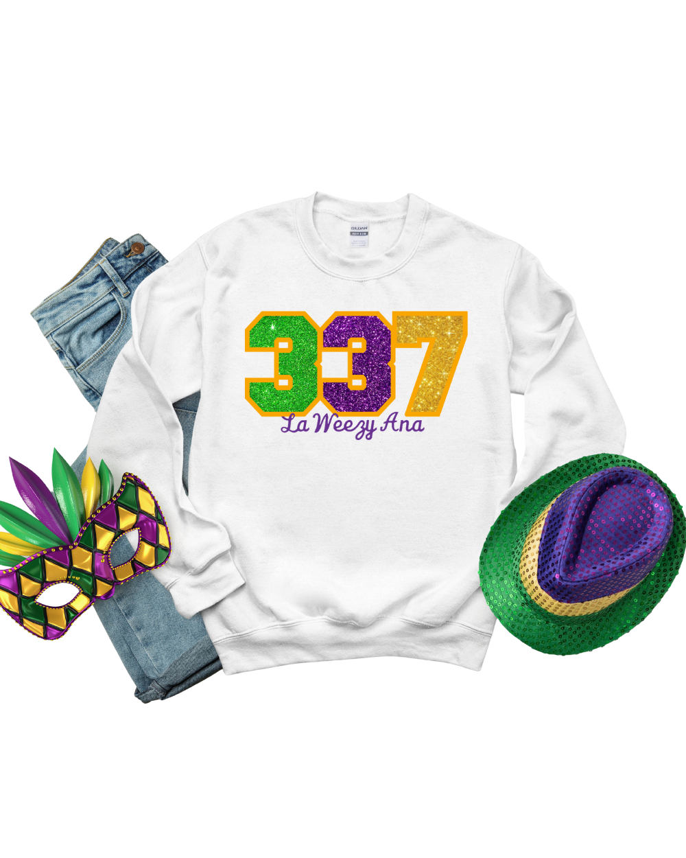 Sweatshirt-Mardi Gras Area Code Glitter Applique  Sweatshirt