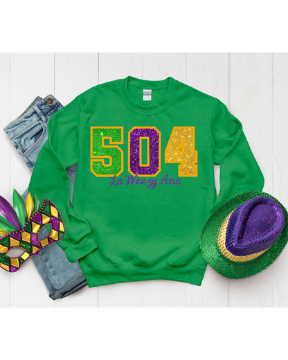 Sweatshirt-Mardi Gras Area Code Glitter Applique  Sweatshirt