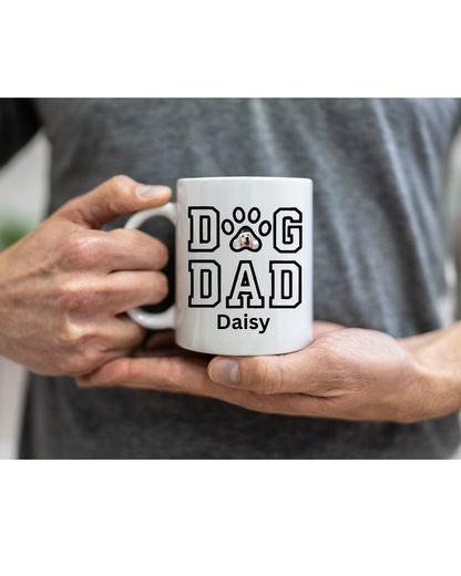 Custom Printed white mug with 'Dog Dad Daisy' text and Dog Photo