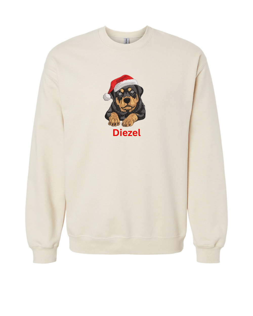 Beige sweatshirt with a dog wearing a Santa hat and 'Diezel' text on a white background  dog lover gift