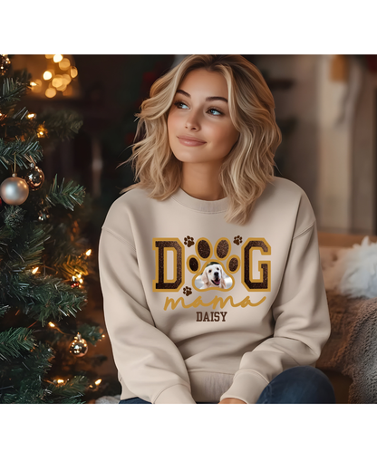 Gift- Dog Mama Embroidered Glitter Applique Dog Photo Sweatshirt