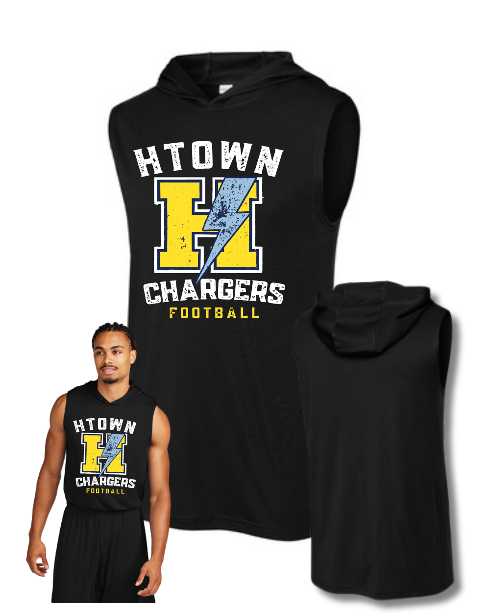 HTown Chargers Football & Cheer -Chargers  Distressed H  Hooded Performance Tee  - Navy