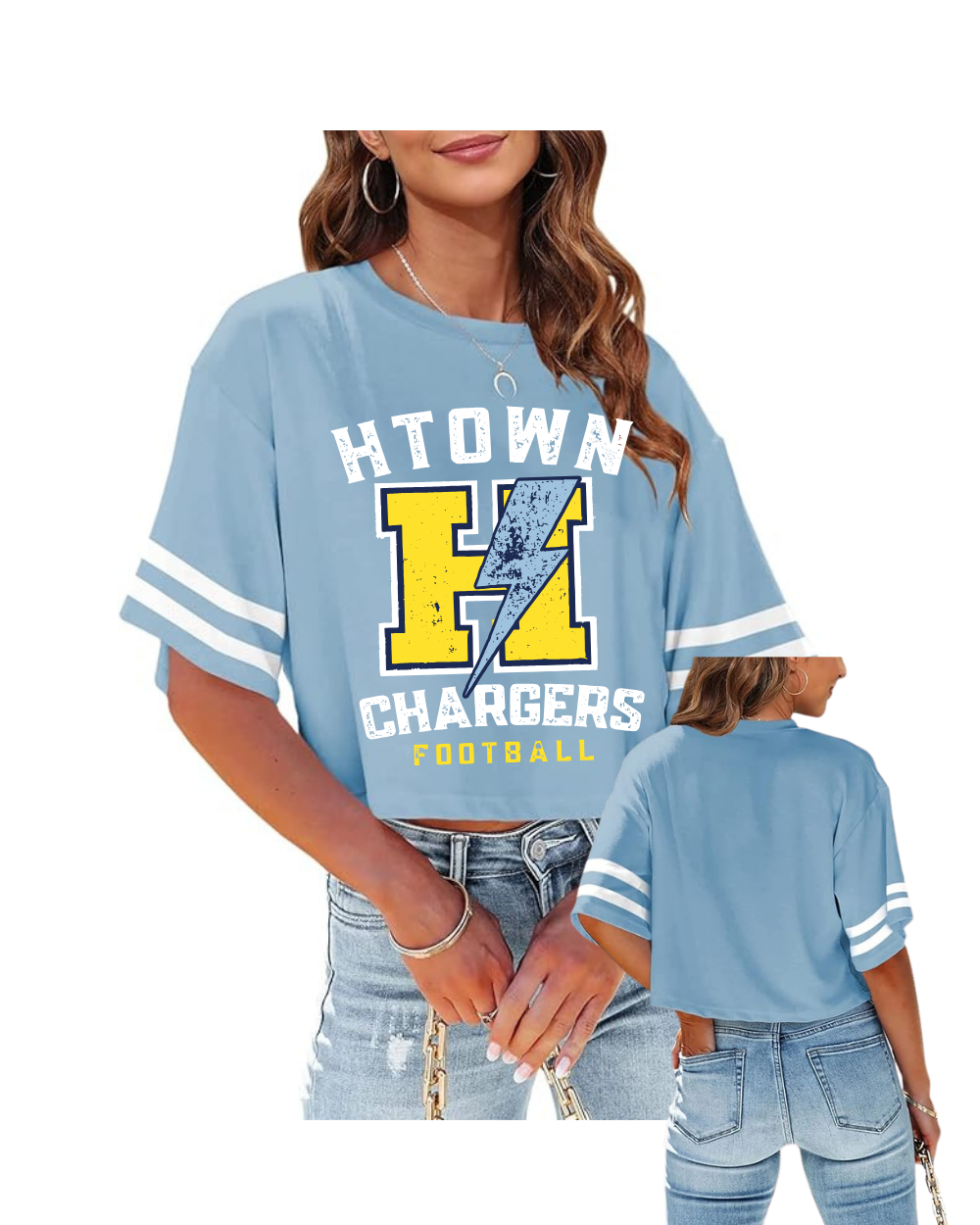 HTown Chargers Football & Cheer -Chargers Distressed H  Ladies Crop Tee    - Carolina Blue
