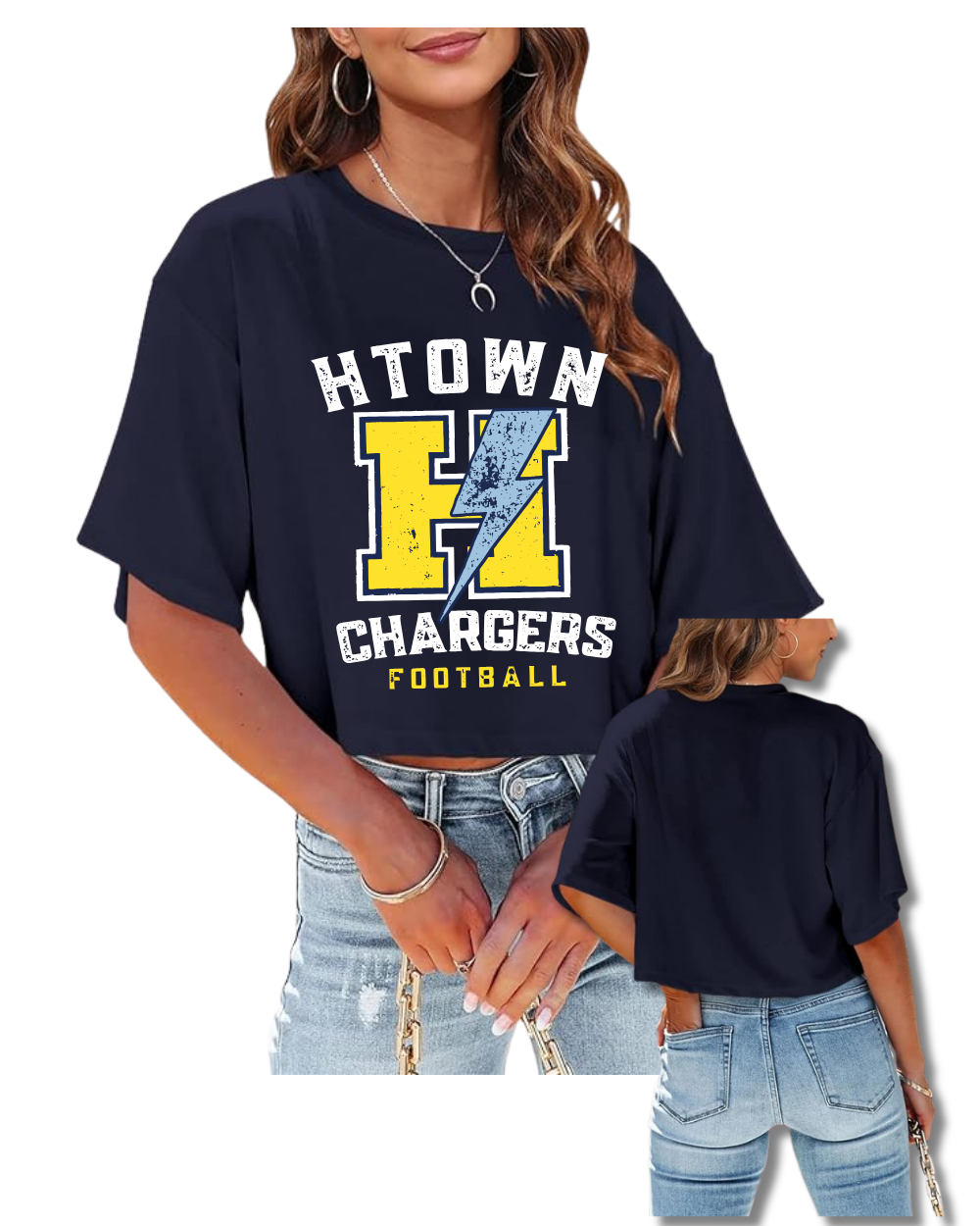 HTown Chargers Football & Cheer -Chargers Distressed H  Ladies Crop Tee    - Navy