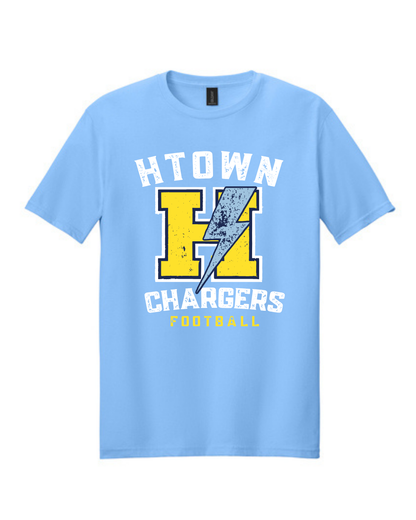 HTown Chargers Football & Cheer -Chargers Distressed H Cotton Tee - Carolina Blue
