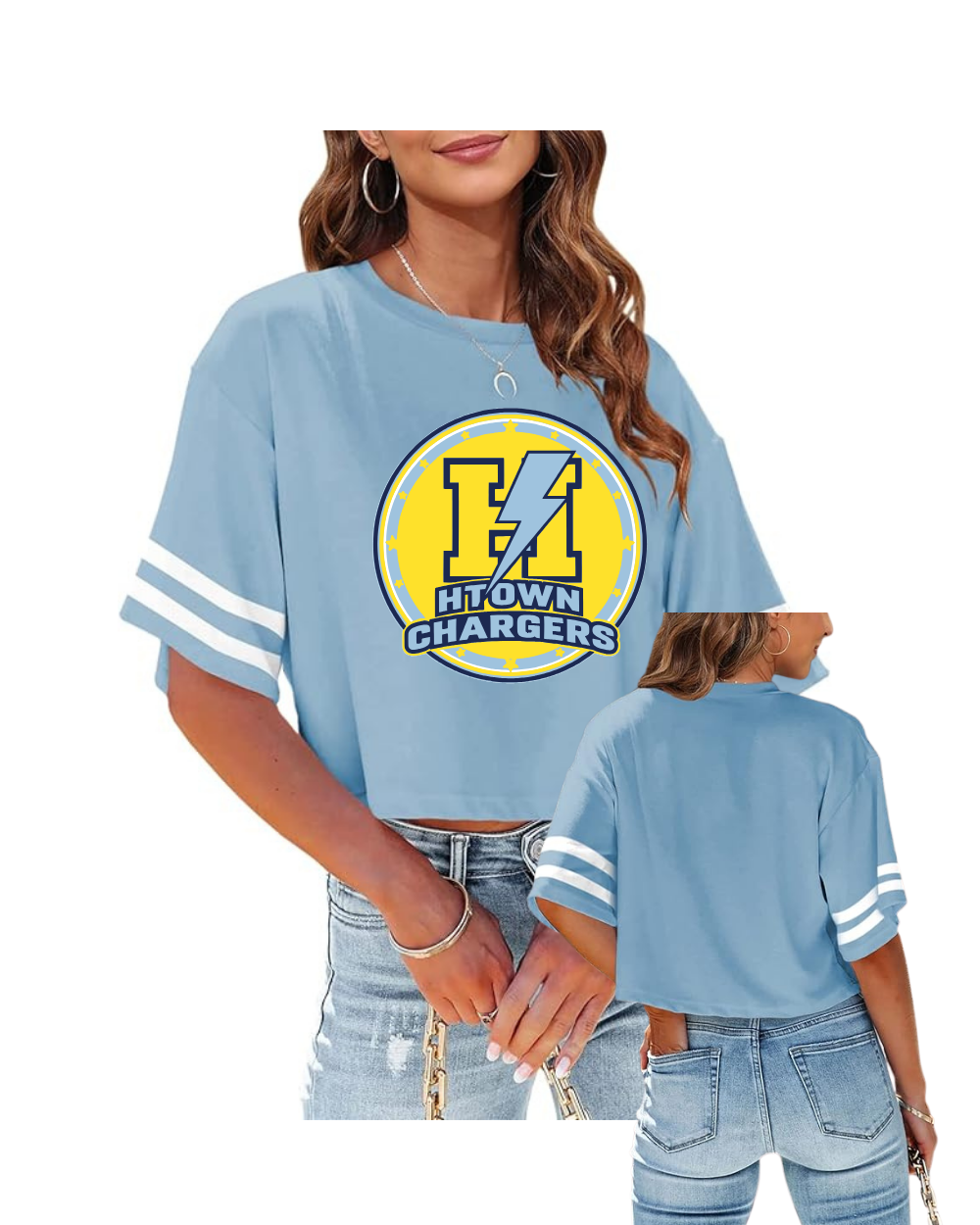 HTown Chargers Football & Cheer -Chargers Logo Ladies Crop Tee   - Carolina Blue