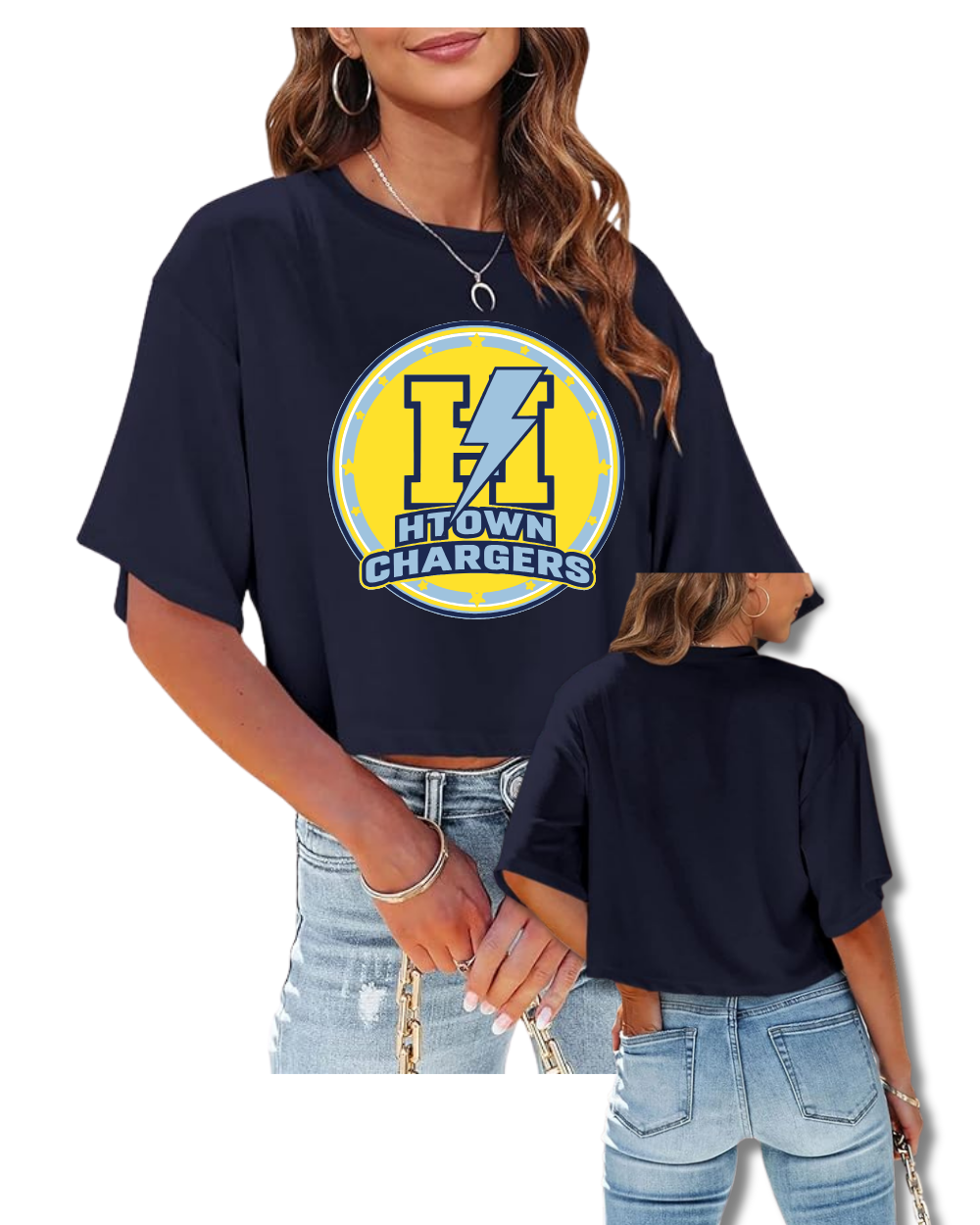 HTown Chargers Football & Cheer -Chargers Logo Ladies Crop Tee   - Navy