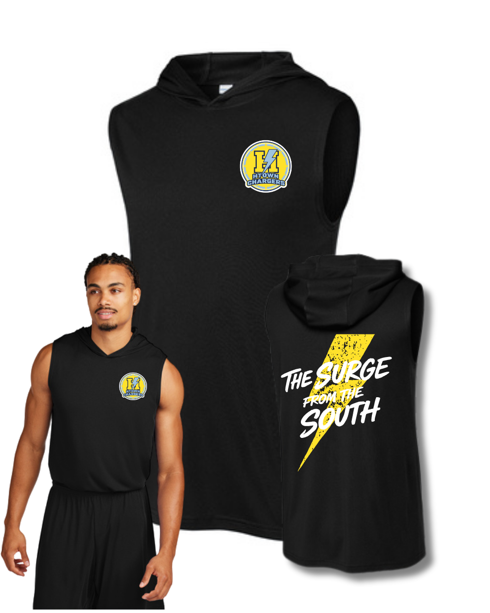 HTown Chargers Football & Cheer -Chargers  Surge of the South Hooded Performance Tee    - Black